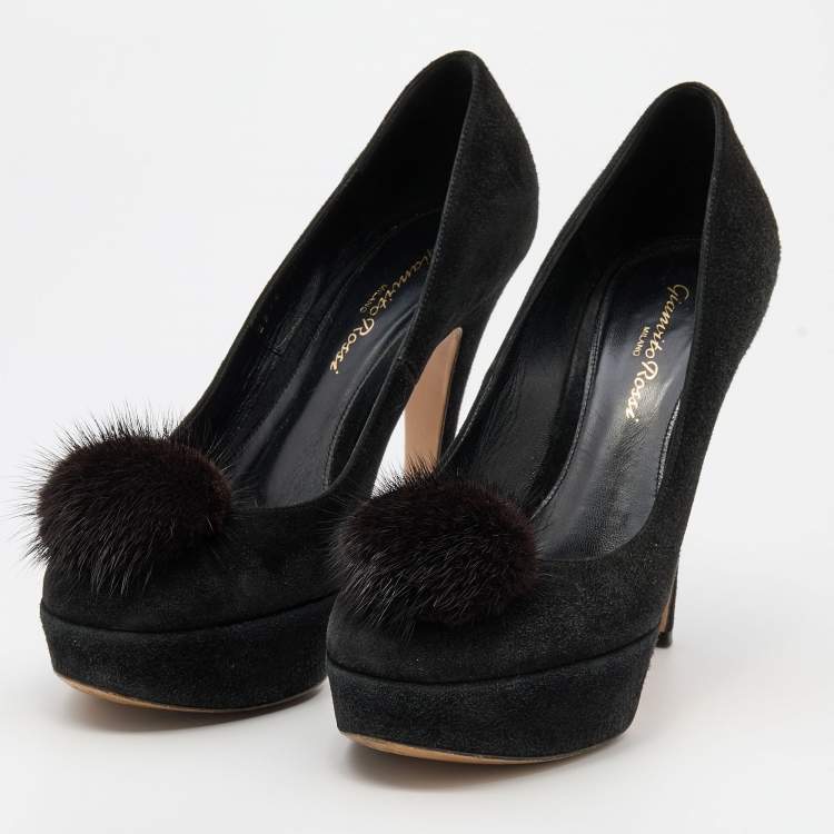 Pre Owned Gianvito Rossi Black Suede and Mink Fur Platform Pumps Size 37