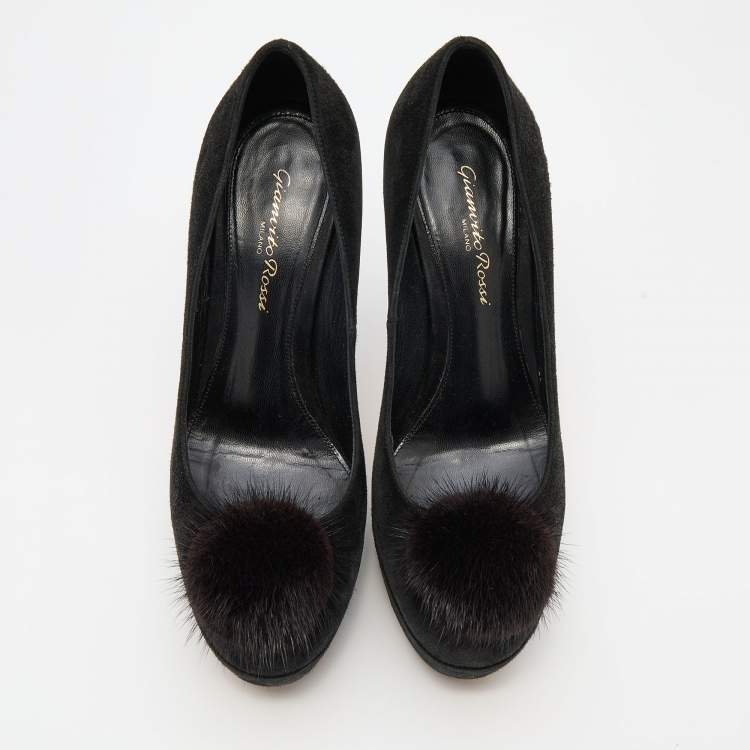 Pre Owned Gianvito Rossi Black Suede and Mink Fur Platform Pumps Size 37