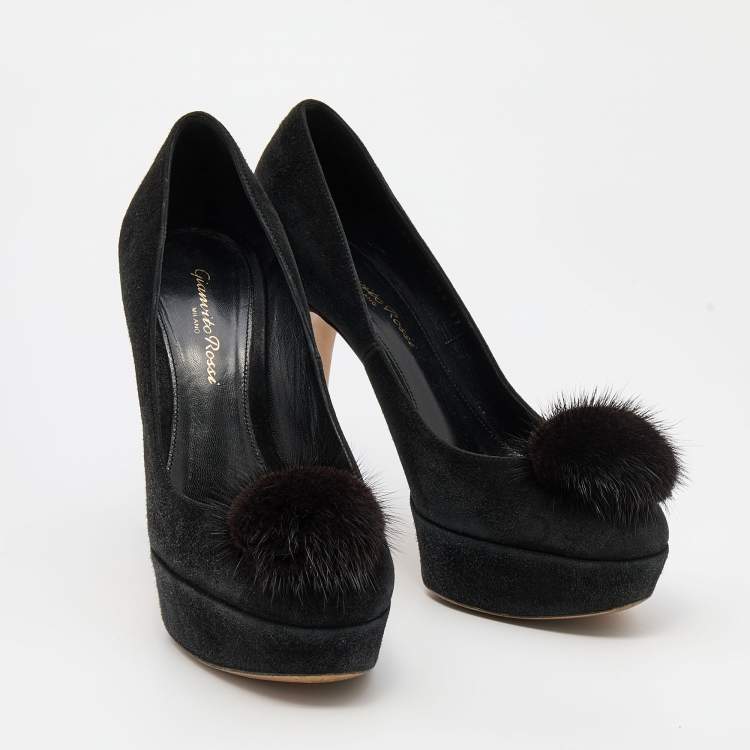 Pre Owned Gianvito Rossi Black Suede and Mink Fur Platform Pumps Size 37