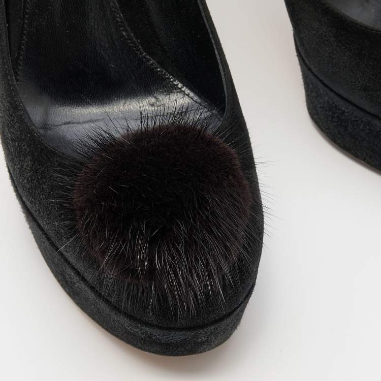 Pre Owned Gianvito Rossi Black Suede and Mink Fur Platform Pumps Size 37