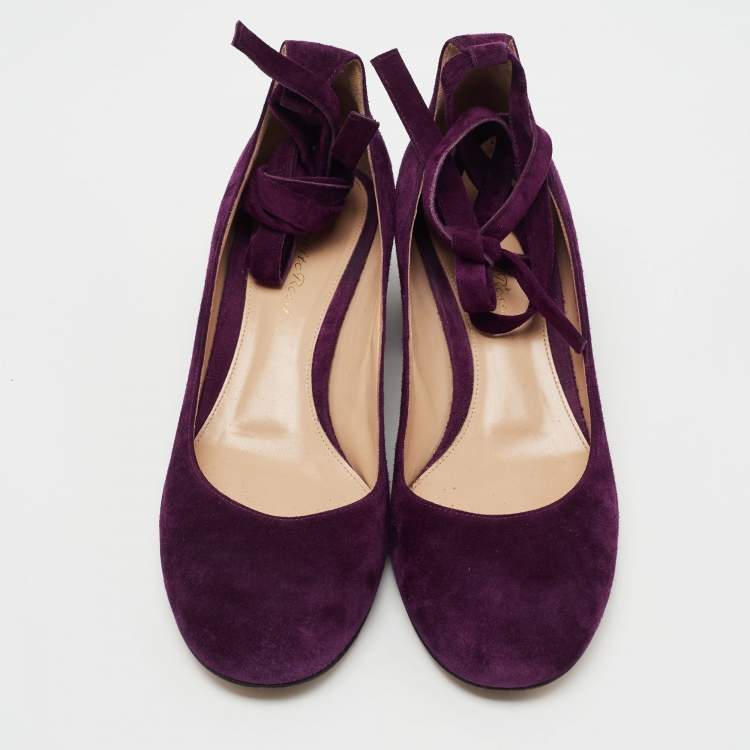 Pre Owned Gianvito Rossi Purple Suede Ankle Wrap Pumps Size 39.5