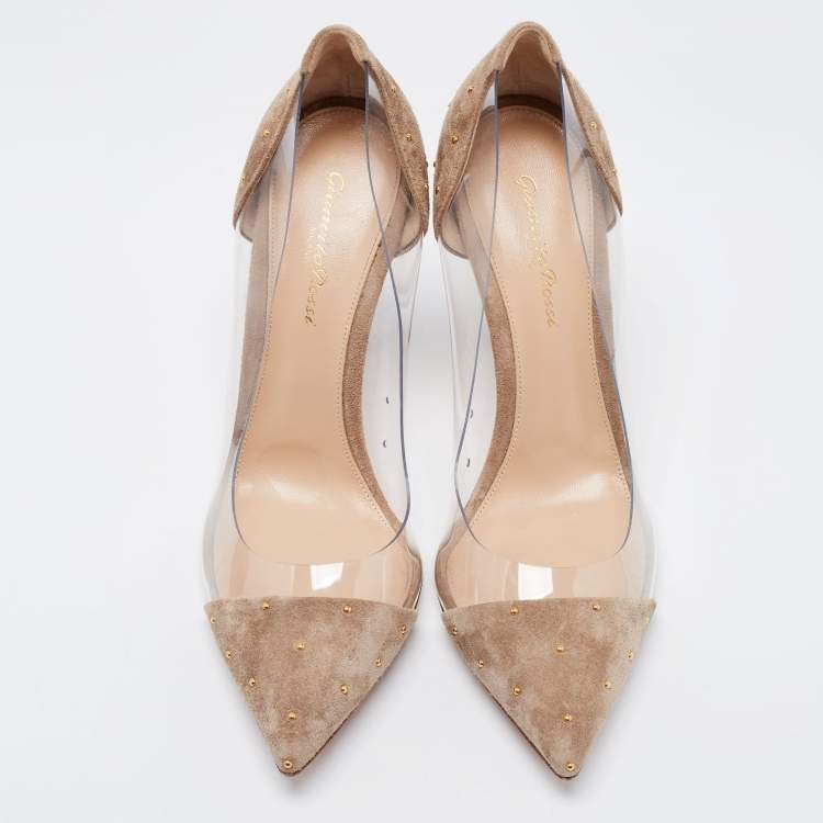 Pre Owned Gianvito Rossi Beige PVC and Suede Plexi Pumps Size 39.5