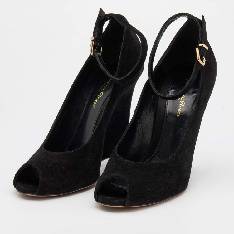 Pre Owned Gianvito Rossi Black Suede Wedge Peep Toe Ankle Strap Pumps Size 39.5