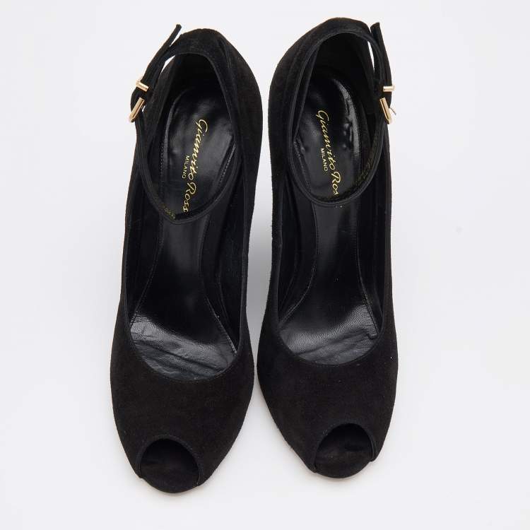 Pre Owned Gianvito Rossi Black Suede Wedge Peep Toe Ankle Strap Pumps Size 39.5