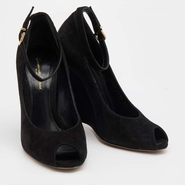 Pre Owned Gianvito Rossi Black Suede Wedge Peep Toe Ankle Strap Pumps Size 39.5