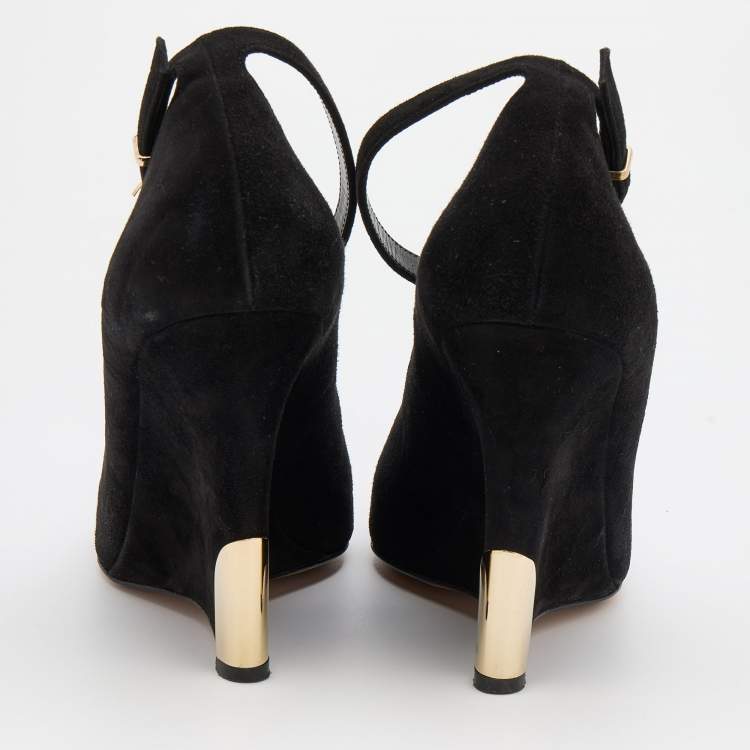 Pre Owned Gianvito Rossi Black Suede Wedge Peep Toe Ankle Strap Pumps Size 39.5