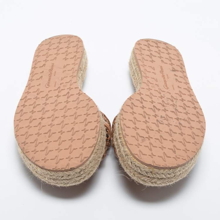 Pre Owned Gianvito Beige Leather and Mesh Espadrille Platform Slides Size 39