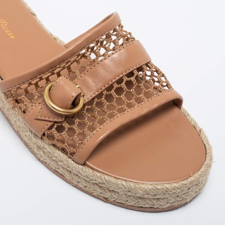 Pre Owned Gianvito Beige Leather and Mesh Espadrille Platform Slides Size 39