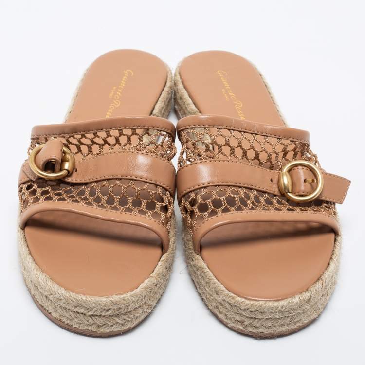 Pre Owned Gianvito Beige Leather and Mesh Espadrille Platform Slides Size 39