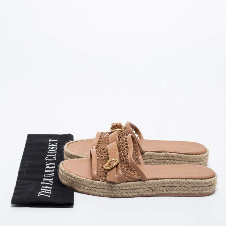 Pre Owned Gianvito Beige Leather and Mesh Espadrille Platform Slides Size 39