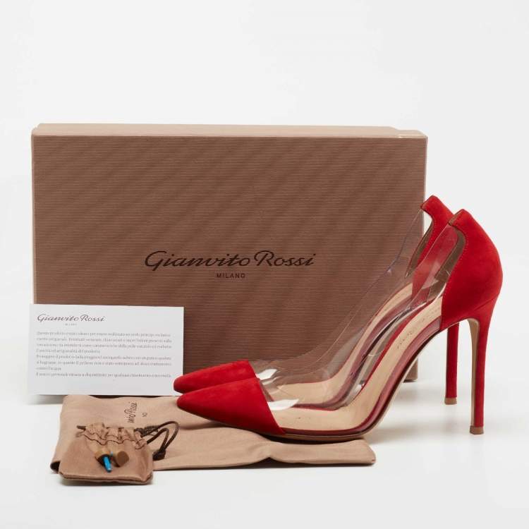 Pre Owned Gianvito Rossi Red Suede and PVC Plexi Pumps Size 38