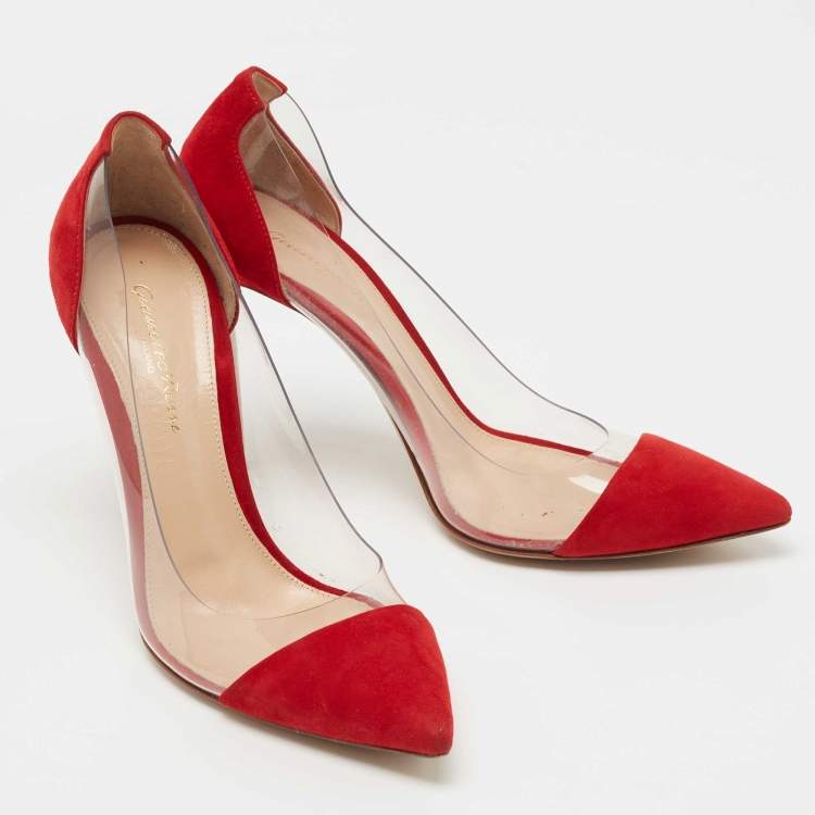 Pre Owned Gianvito Rossi Red Suede and PVC Plexi Pumps Size 38