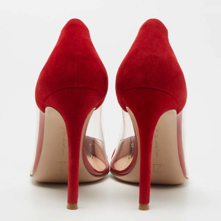 Pre Owned Gianvito Rossi Red Suede and PVC Plexi Pumps Size 38