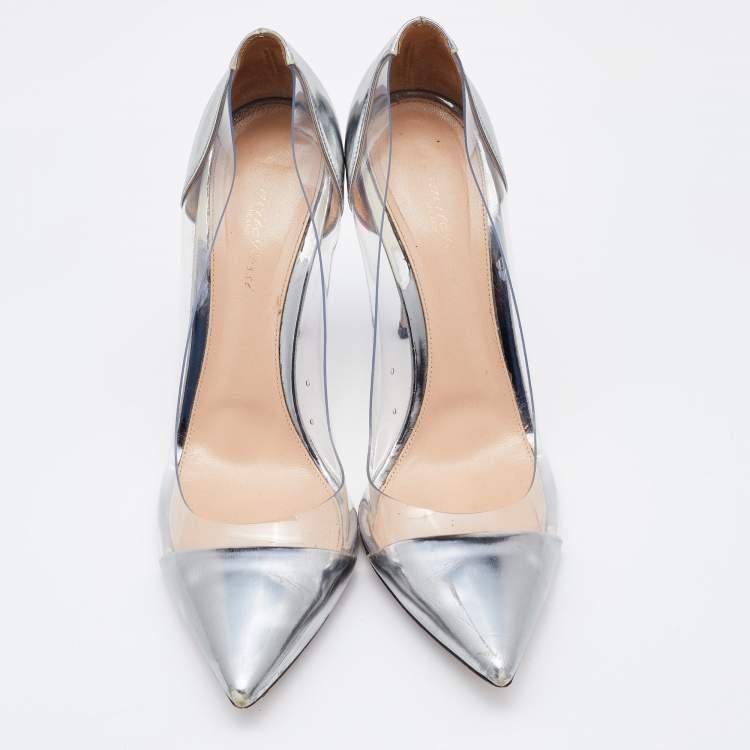 Pre Owned Gianvito Rossi Metallic Grey Leather and PVC Plexi Pointed Toe Pumps Size 41