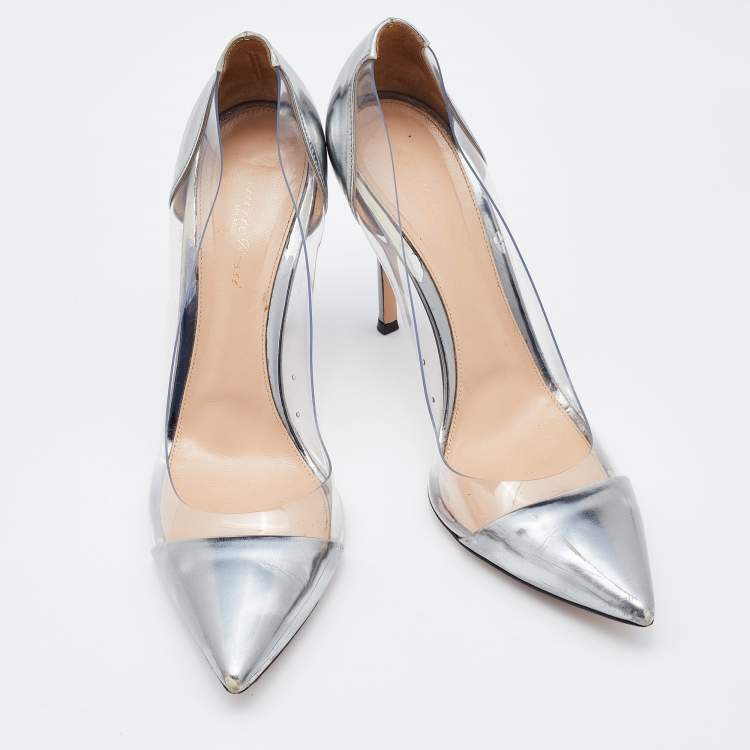 Pre Owned Gianvito Rossi Metallic Grey Leather and PVC Plexi Pointed Toe Pumps Size 41