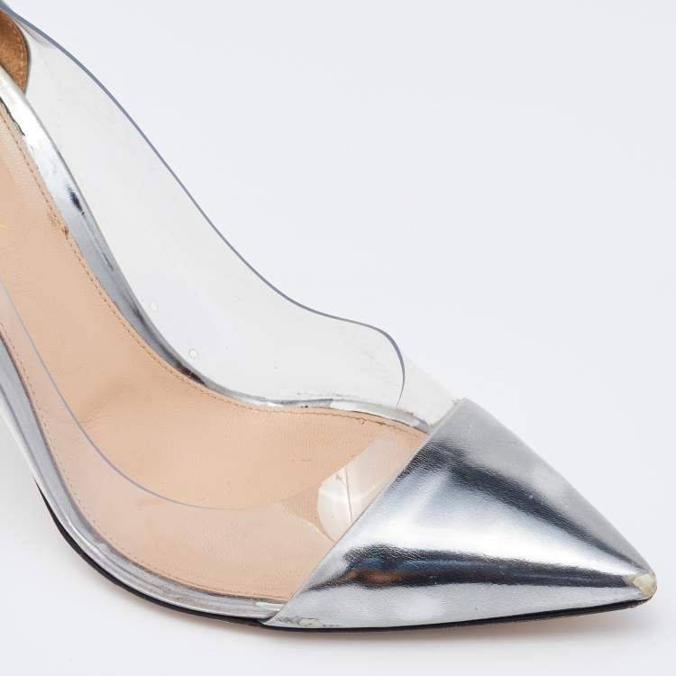 Pre Owned Gianvito Rossi Metallic Grey Leather and PVC Plexi Pointed Toe Pumps Size 41