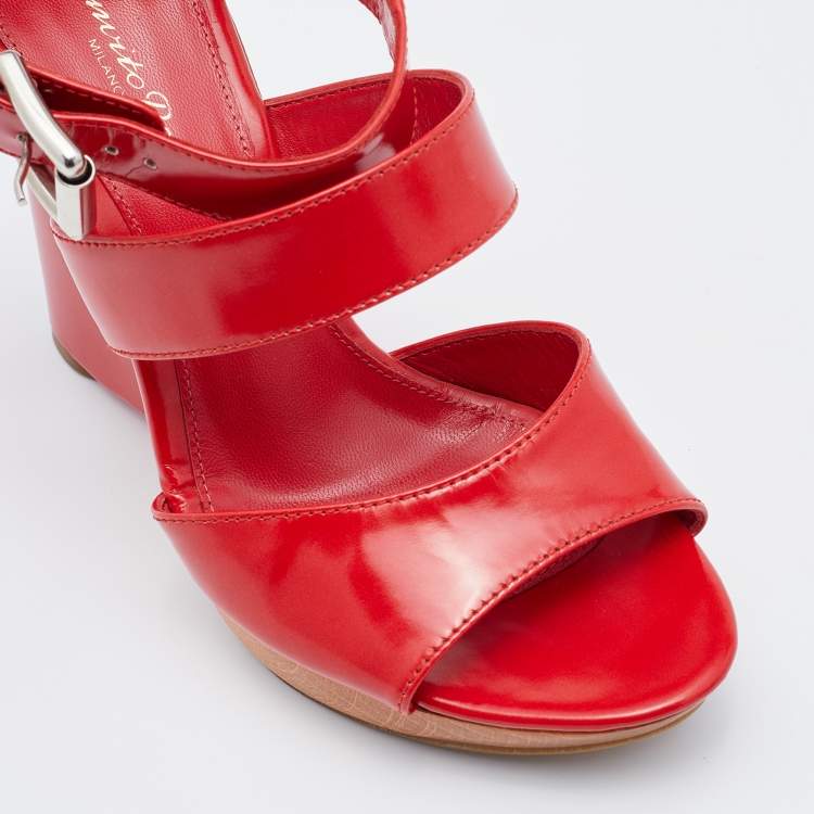 مملوكة مسبقًا Gianvito Rossi Red Leather Wedge Strappy Sandals Size 37.5 