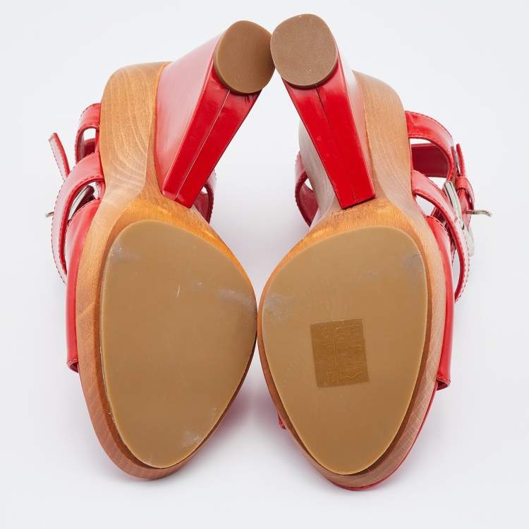 مملوكة مسبقًا Gianvito Rossi Red Leather Wedge Strappy Sandals Size 37.5 