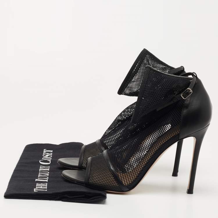 Pre Owned Gianvito Rossi Black Leather and Mesh Idol Open Toe Booties Size 39.5