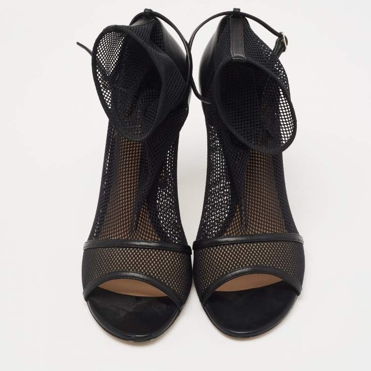 Pre Owned Gianvito Rossi Black Leather and Mesh Idol Open Toe Booties Size 39.5