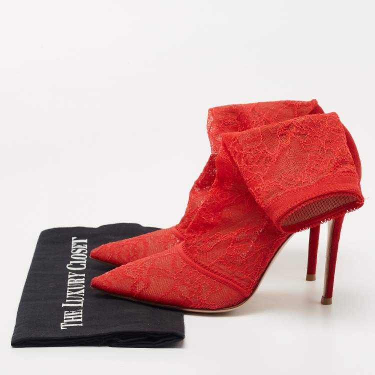 Pre Owned Gianvito Rossi Red Lace and Suede Brinn Booties Size 38.5