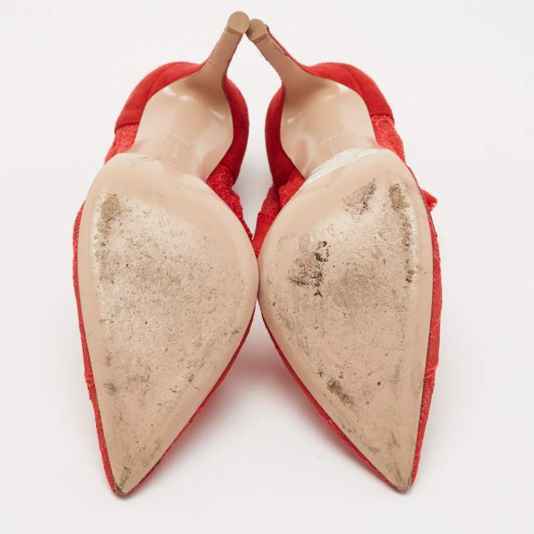 Pre Owned Gianvito Rossi Red Lace and Suede Brinn Booties Size 38.5