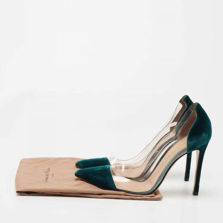 Pre Owned Gianvito Rossi Dark Green Velvet and PVC Plexi Pumps Size 38