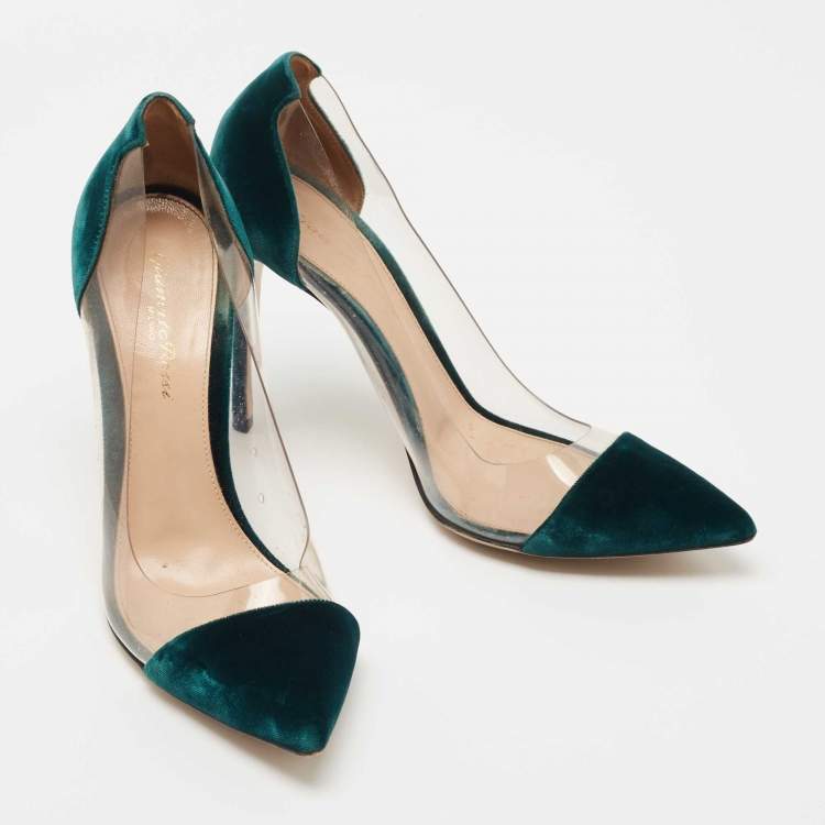 Pre Owned Gianvito Rossi Dark Green Velvet and PVC Plexi Pumps Size 38