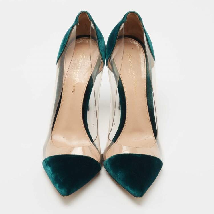 Pre Owned Gianvito Rossi Dark Green Velvet and PVC Plexi Pumps Size 38