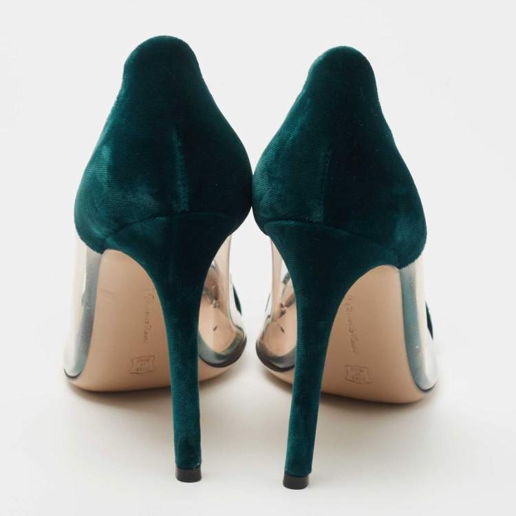 Pre Owned Gianvito Rossi Dark Green Velvet and PVC Plexi Pumps Size 38