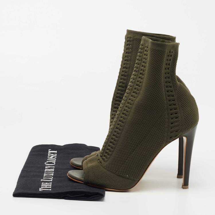 Pre Owned Gianvito Rossi Army Green Knit Fabric Open Toe Ankle Booties Size 38.5