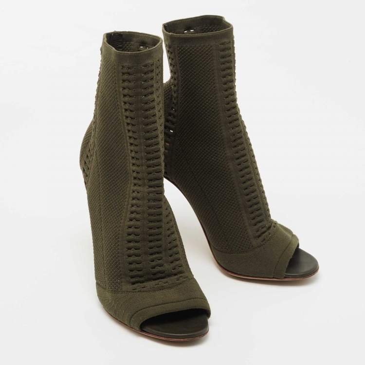 Pre Owned Gianvito Rossi Army Green Knit Fabric Open Toe Ankle Booties Size 38.5
