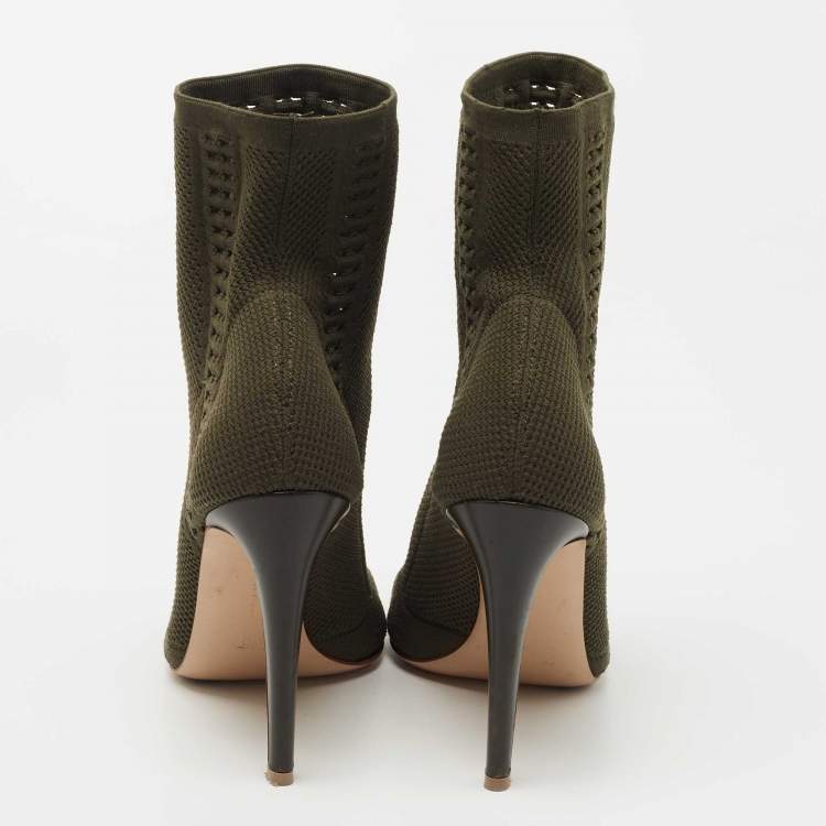 Pre Owned Gianvito Rossi Army Green Knit Fabric Open Toe Ankle Booties Size 38.5