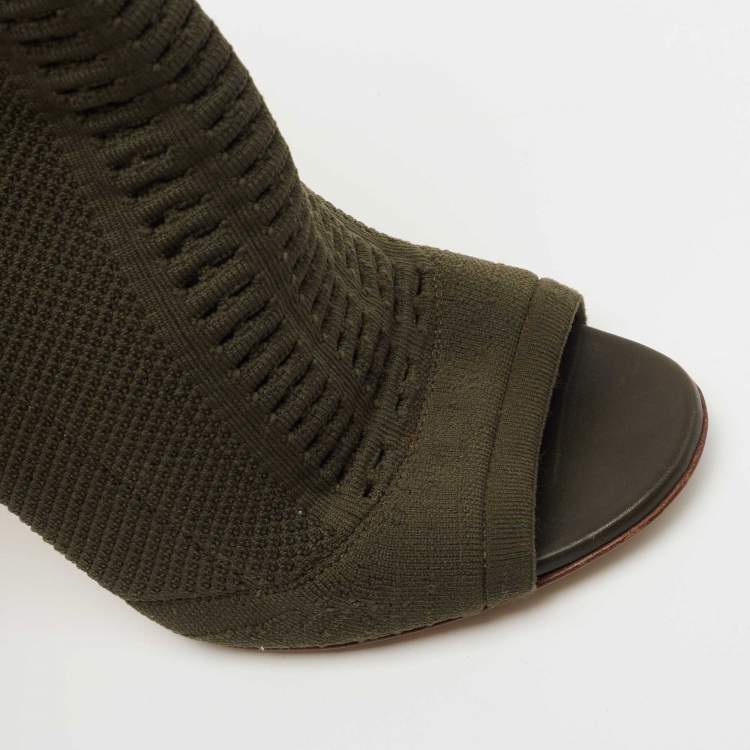 Pre Owned Gianvito Rossi Army Green Knit Fabric Open Toe Ankle Booties Size 38.5