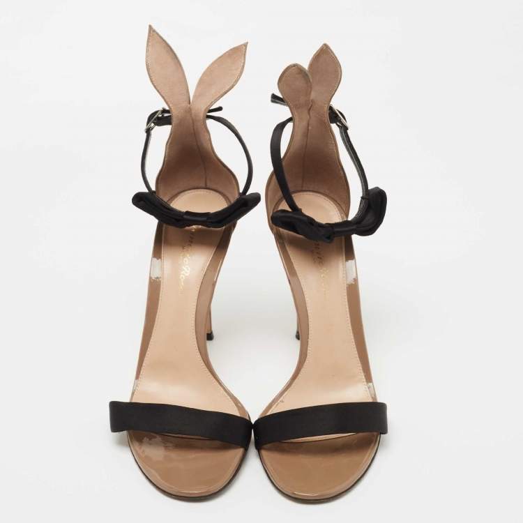 Pre Owned Gianvito Rossi Brown/Black Patent Leather and Satin Bow Ankle Strap Sandals Size 38