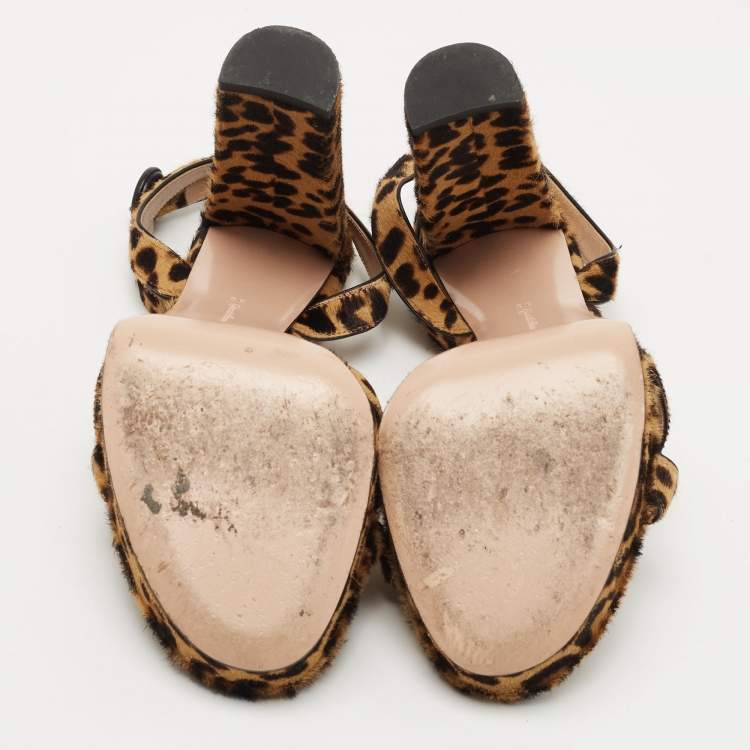 مملوكة مسبقًا Gianvito Rossi Brown/Beige Leopard Print Calf Hair Platform Ankle Strap Sandals Size 39