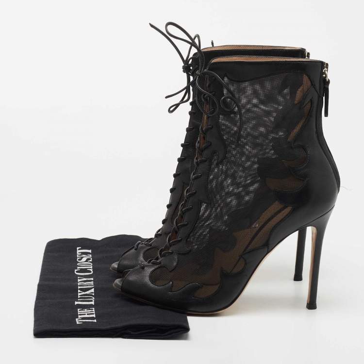 Pre Owned Gianvito Rossi Black Leather and Mesh Ankle Boots Size 38
