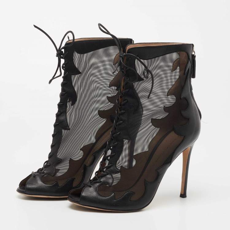 Pre Owned Gianvito Rossi Black Leather and Mesh Ankle Boots Size 38