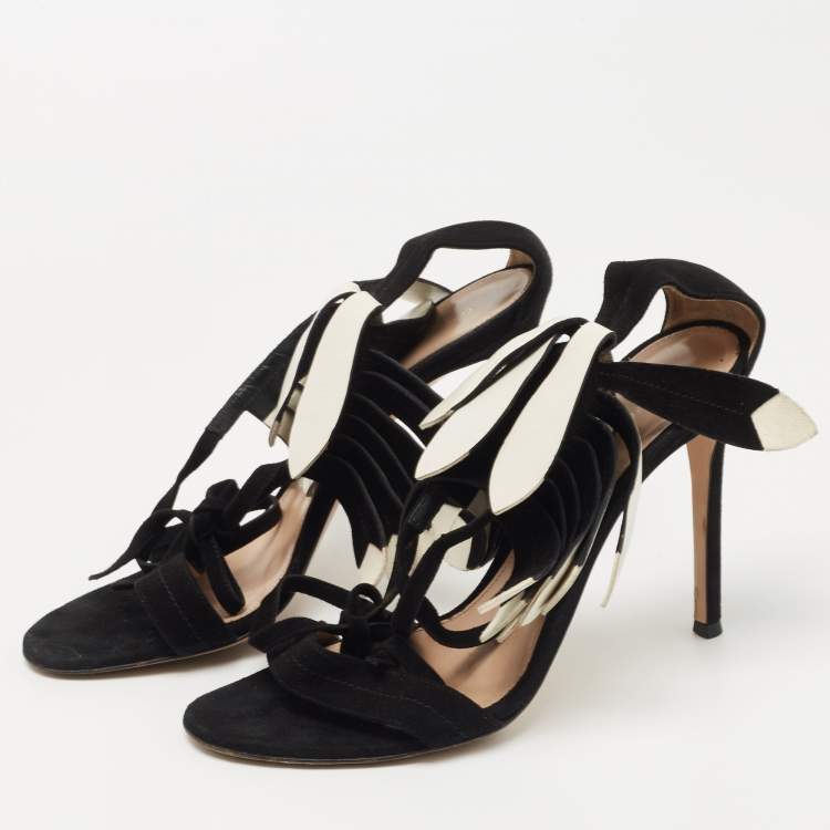 Pre Owned Gianvito Rossi Black Suede Fringe Ankle Tie Sandals Size 38.5