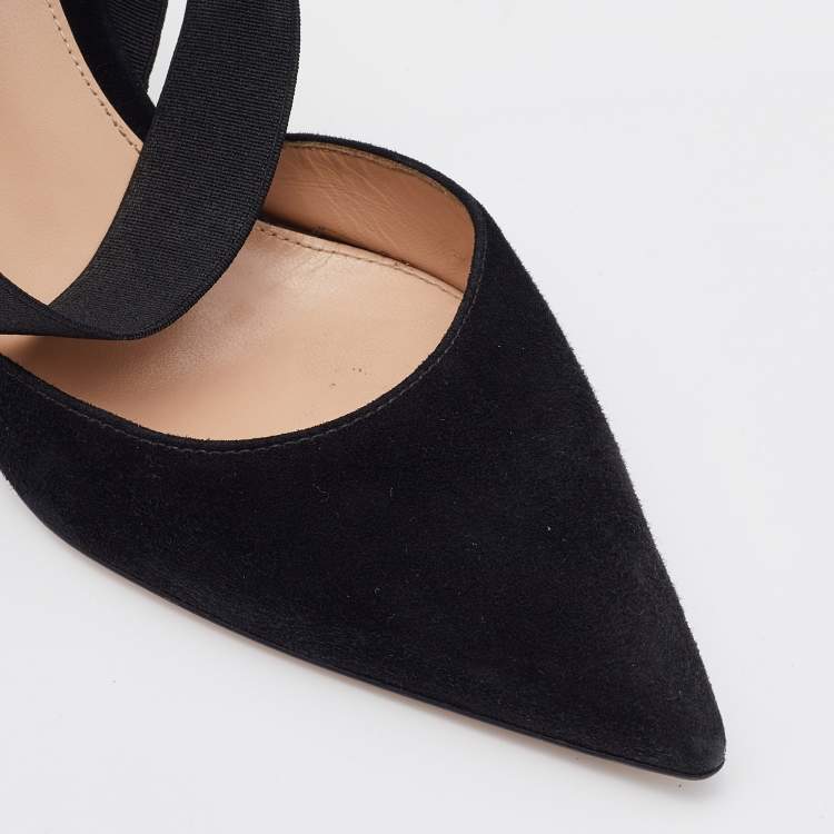 Pre Owned Gianvito Rossi Black Suede and Elastic Strap Pointed Toe Ankle Wrap Pumps Size 36.5