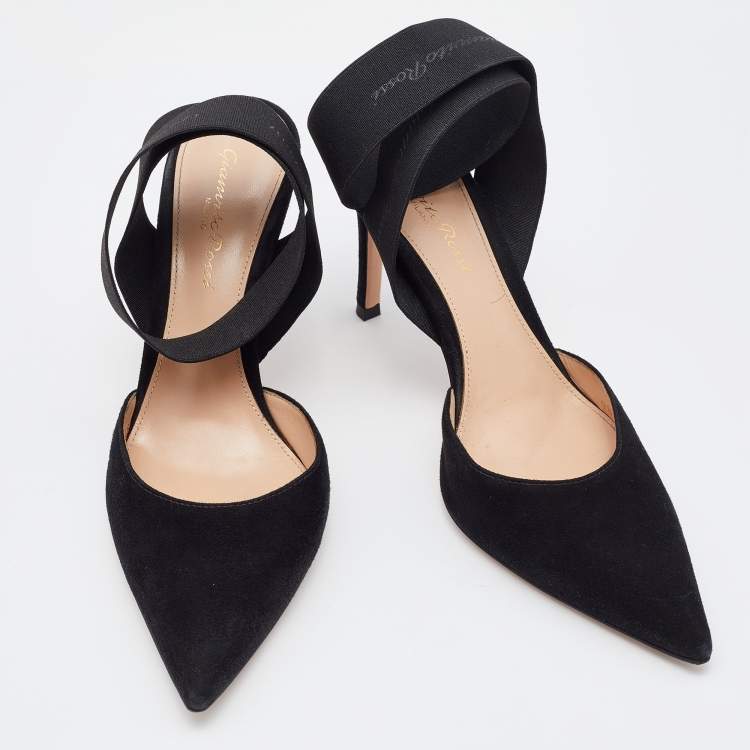 Pre Owned Gianvito Rossi Black Suede and Elastic Strap Pointed Toe Ankle Wrap Pumps Size 36.5