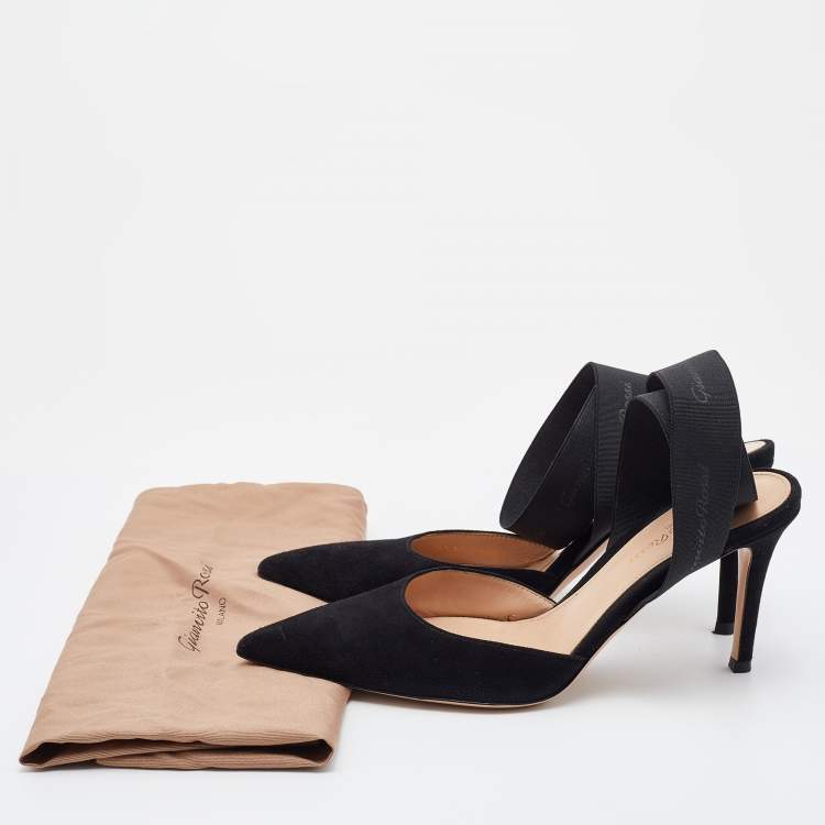 Pre Owned Gianvito Rossi Black Suede and Elastic Strap Pointed Toe Ankle Wrap Pumps Size 36.5