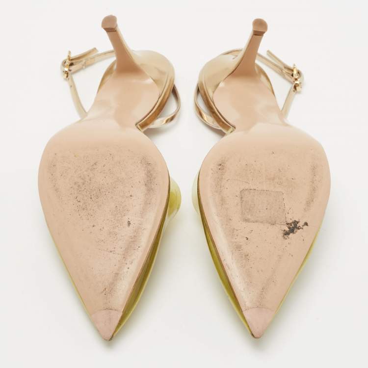 Pre Owned Gianvito Rossi Green/Gold Leather and PVC Slingback Pumps Size 39.5 