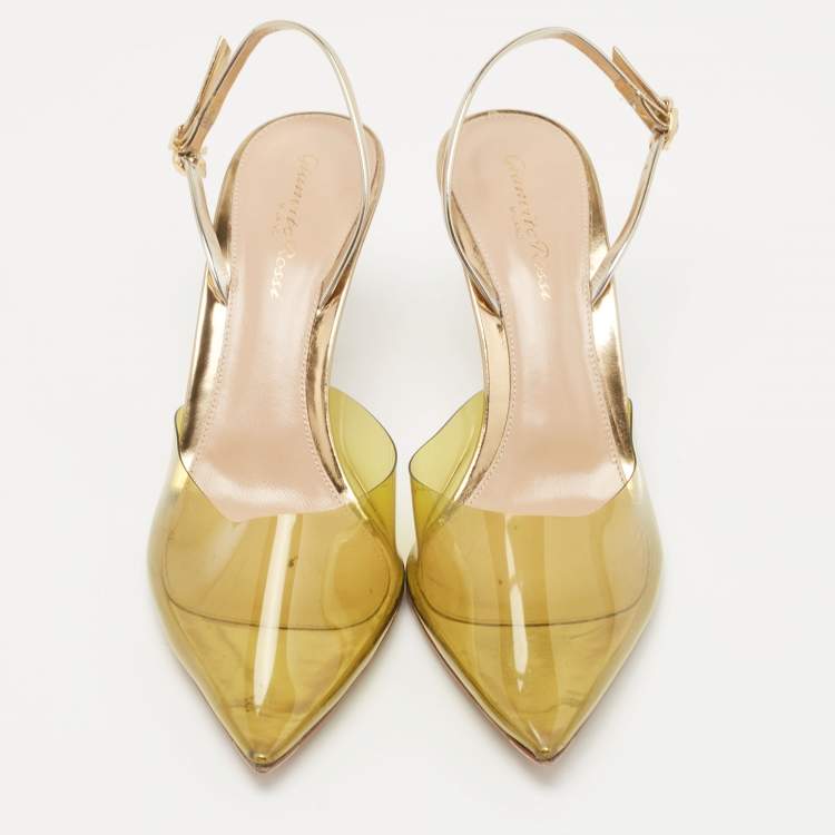 Pre Owned Gianvito Rossi Green/Gold Leather and PVC Slingback Pumps Size 39.5 