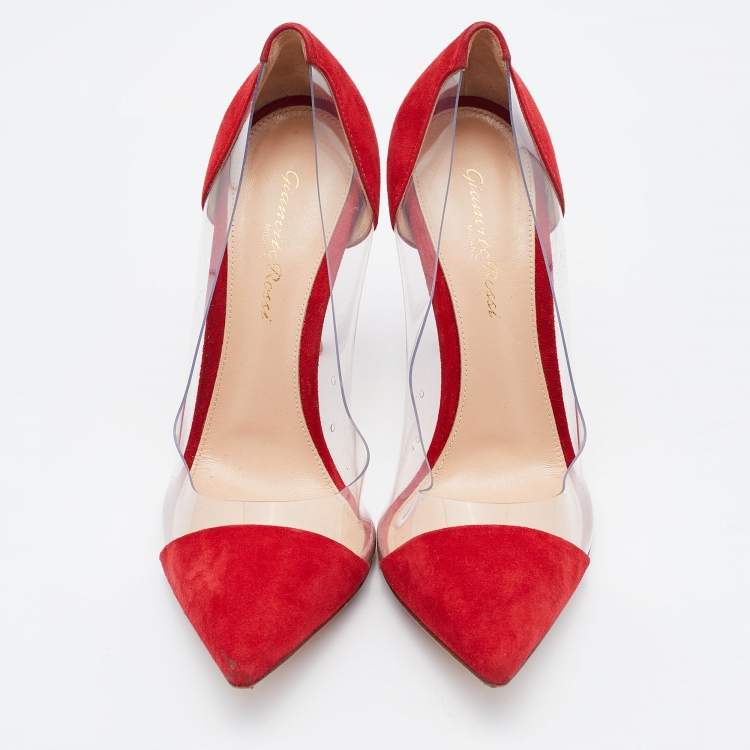 Pre Owned Gianvito Rossi Red/Transparent Suede and PVC Plexi Pointed Toe Pumps Size 38