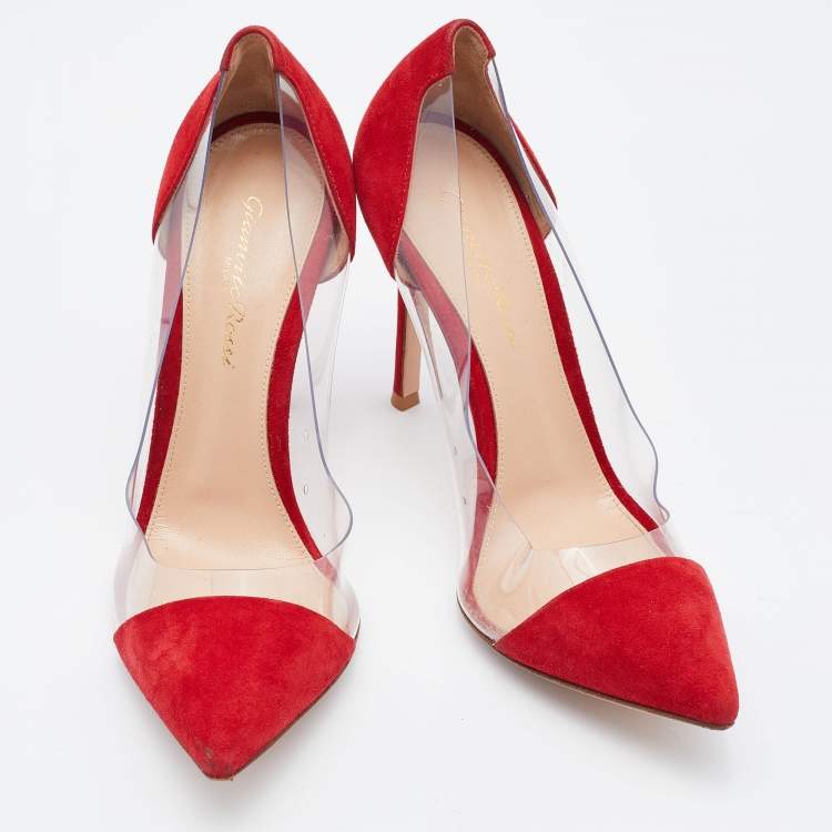 Pre Owned Gianvito Rossi Red/Transparent Suede and PVC Plexi Pointed Toe Pumps Size 38