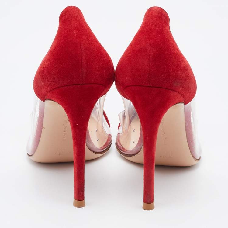 Pre Owned Gianvito Rossi Red/Transparent Suede and PVC Plexi Pointed Toe Pumps Size 38