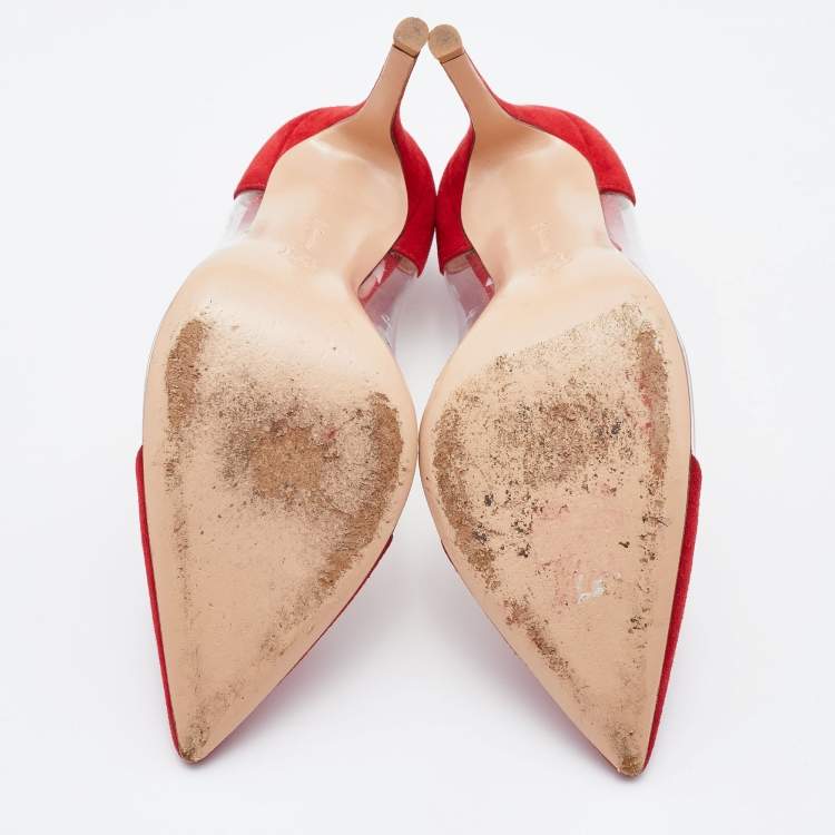 Pre Owned Gianvito Rossi Red/Transparent Suede and PVC Plexi Pointed Toe Pumps Size 38