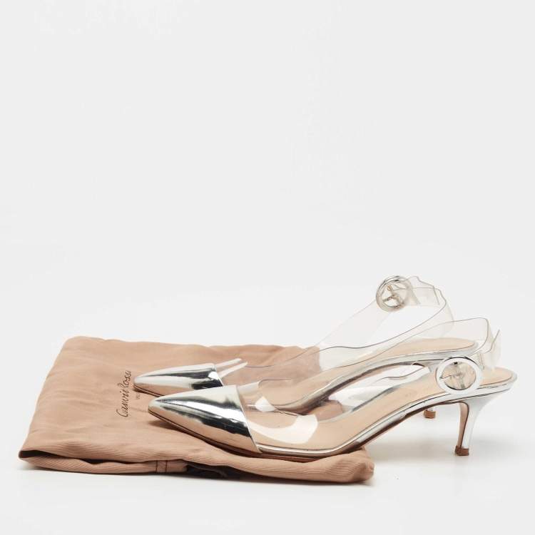 مملوكة مسبقًا Gianvito Rossi Silver Patent Leather and PVC Plexi Slingback Pumps Size 38.5