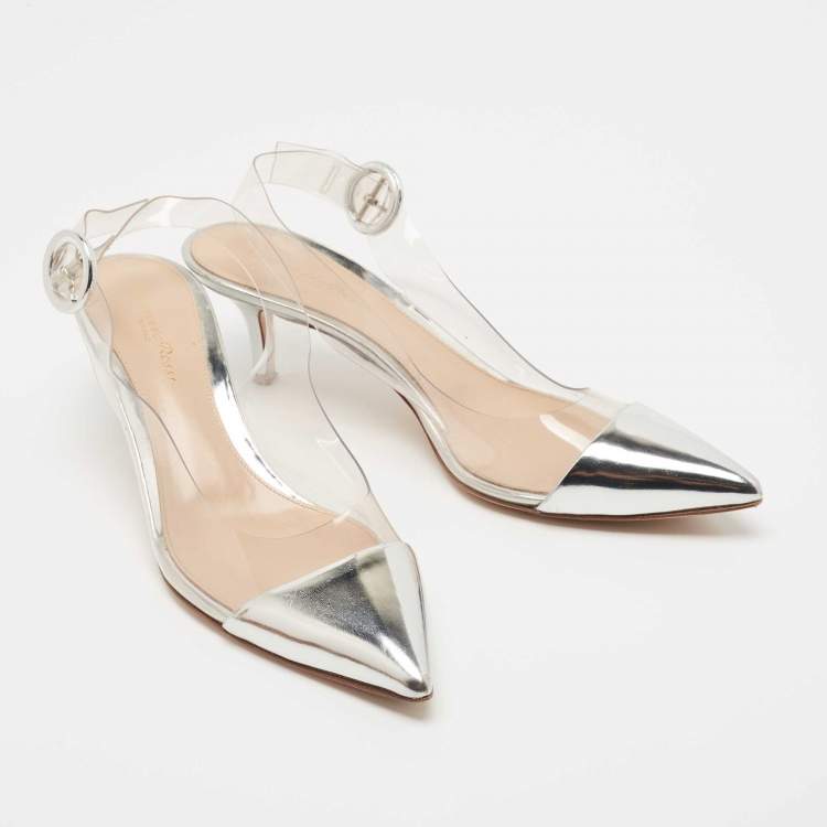 مملوكة مسبقًا Gianvito Rossi Silver Patent Leather and PVC Plexi Slingback Pumps Size 38.5